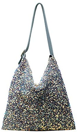 Damen Mädchen Glitzer Pailletten Schultertasche Tote Bag Große Kapazität Glänzend Einkaufstasche Tasche Reise Täglich Geldbörse, blau, Einheitsgröße