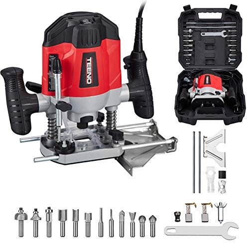 TEENO Electronic Wood Router 240V, 1/4 1200w Laminate Wood Working Joiners Tool, Compact Router with Trimmer Base+12 Tools Set