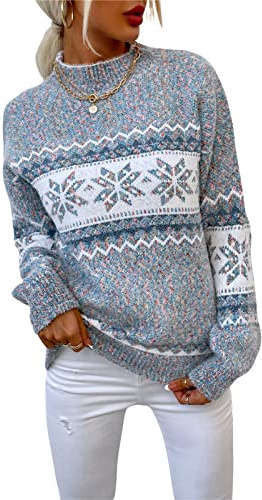 KANDEMY Damen Weihnachtspullover mit kleinem Stehkragen Christmas Pullover Warm Strickpullover mit Streifen Schneeflocken Winter Pullis für Frauen Oberteile Langarm