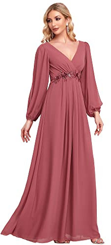 Ever-Pretty Damen Stilvolle Chiffon V-Ausschnitt Applique Plus Size Abendkleider mit Langen Laternenärmeln Kam Braun 40
