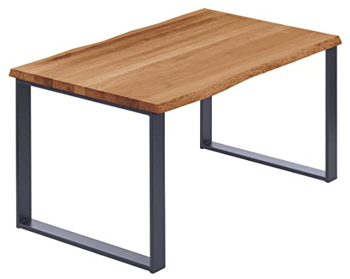 LAMO Manufaktur Esstisch Küchentisch Schreibtisch Couchtisch aus Massivholz, mit Baumkante 140x60x76 cm (AxBxH), Modern, Dunkel/Anthrazit, LNB-01-A-004-7016M