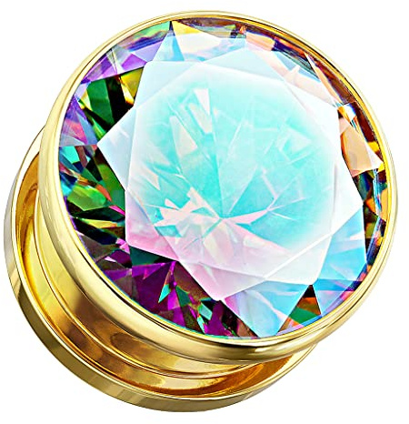 Piercingfaktor Ohr Plug Edelstahl Flesh Tunnel Piercing Ohrpiercing Schraubverschluß mit großen Rainbow Kristall Zirkonia Stein 12mm Gold Rainbow