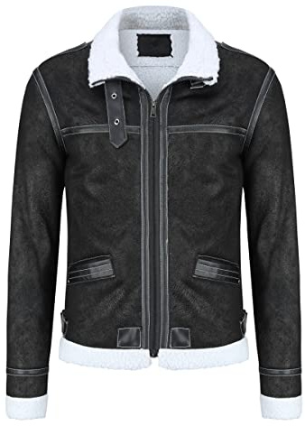 AOWOFS Chaqueta de Cuero Sintético para Hombre Pilot Jacket Grueso Chaqueta Piloto Invierno（Negro XL）