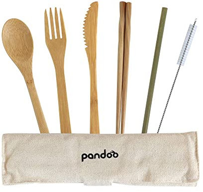 Eßbesteck aus Bambus Picknick und Reise Besteck-Set mit Tasche | Camping Geschirr, Reisebesteck, Zero Waste besteck | Löffel, Gabel, Messer, Eßstäbchen & Strohhalm | Mit Bestecktasche