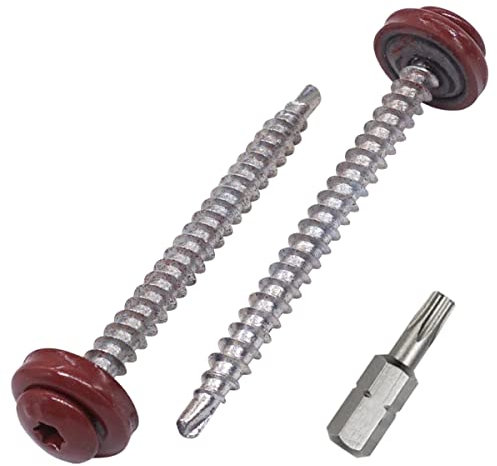 SKIR'CO Lot de 100 vis de toiture en métal, 4,8 x 60 mm, vis autoforeuses peintes avec rondelles EPDM, tête Torx (oxyde rouge RAL 3009)