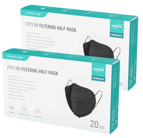 EUROPAPA 40x FFP3 Schwarz Masken Atemschutzmaske 5-Lagen Staubschutzmasken hygienisch einzelverpackt Stelle zertifiziert EN149:2001+A1:2009 Mundschutzmaske EU2016/425