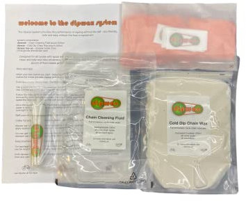 dipwax system kit - the full immersion chain lubrication system. No residue cleaner, dipwax liquid wax lubricant and dipwax top up. Clean, easy chain waxing for all cycle types and conditions