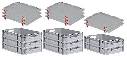 PROREGAL SuperSparSet 8x Eurobox NextGen Grip mit Auflagedeckel & 4 roten Schiebeschnappverschlüssen, HxBxT 12x40x60cm, 23L, Griffe offen, Glatter Boden, Eurobehälter Transportbox Transportbehälter