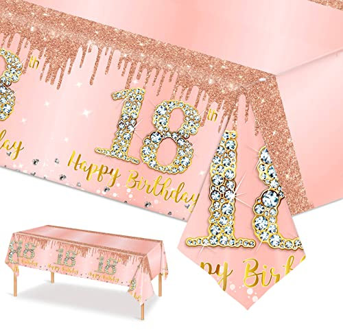 Rotgoldfarben Tischdecke zum 18. Geburtstag Roségold Tischdeko Geburtstag für Mädchen,137 * 274cm Rechteck Wasserdicht Tischdecke für Alles Gute 18. Geburtstag Party Deko