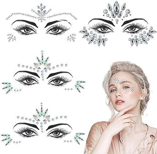 Strass Autocollant Visage, 4 Feuilles Gemmes de Visage Paillettes Visage Festival Strass Visage Tatouage Temporaire Bijoux de Visage Diamant Yeux pour Maquillage Festival