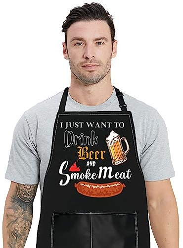 WZMPA Lustige Grillschürze mit Taschen BBQ Liebhaber Geschenke I Just Want To Drink Beer And Smoke Fleischschürze für Männer Frauen, Trinken Bier Rauch Fleisch, Medium