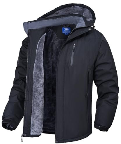 Zzkouine Herren Winter wasserdichte Fleecejacke - Wasserdichte Berg-Skijacke Winddichte Fleece Outdoor-Winterjacke mit Kapuze-Black-2XL