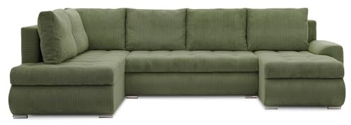 Mebligo - Ecksofa mit Schlaffunktion und Bettkasten Tokio II PRO, 300 cm Breit, Wohnzimmer Eckcouch Ottomane Links, Sofa Cord mit Bettfunktion - Sofa Olivgrün (Poso 047)