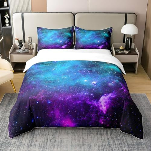 Galaxy 100% Baumwolle Bettbezug Teal Blau Lila Sternenhimmel Bettwäsche Set 135x200 Universum Outer Space Tröster Bezug für Jungen Mädchen Jugend,Kosmische Sterne Bett-Sets mit 1 Kissenbezug