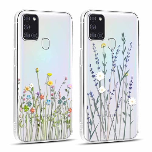 Yoedge 2 Stück Handyhülle für Samsung Galaxy A21s 4G Hülle, Transparent Blumen Muster Mädchen Aesthetic Flowers Handyhülle Weich Durchsichtig Silikon Slim Stoßfest Schutzhülle für Samsung A21s 4G 6,5