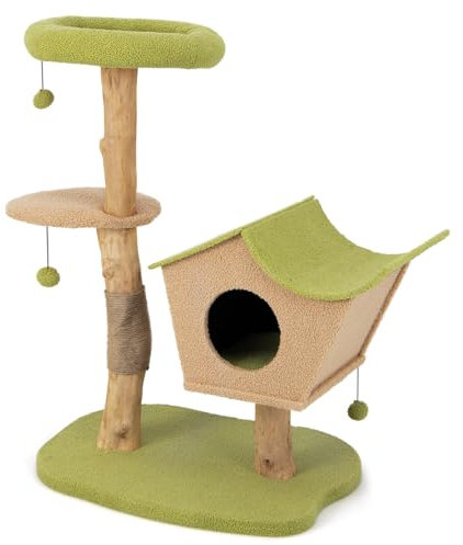 COSTWAY 110 cm Kratzbaum Holz, Katzenbaum mit Sitzfläche & Katzenhaus & Ball, Katzenturm mit Kratzpfosten aus Jute, Katzenmöbel Massivholz, Katzenkratzbaum Kletterbaum Katzen, Grün