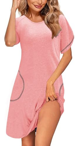 NLAND Chemises de Nuit Femme Manches Courtes Robe de Nuit avec Poches Vêtement de Nuit Doux Robe de Détente (Rose,L)