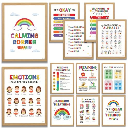 12 Calming Corner Poster Emotions Poster, Calming Corner Items, Calm Down Corner Emotionsdiagramm für Kinder, Calming Corner Poster für Klassenzimmer, Calm Corner Poster, Gefühle Diagramm für Kinder