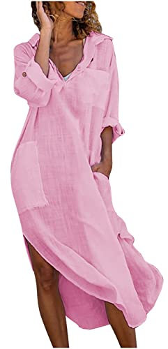Maxi Shirt Dresses for Women UK Cotton Linen Shift Dress Long Sleeve V Neck Dresses Button Neck Tunic Beach Dresses Loose Summer Long Dresses Lapel Ruffleh Office Casual Dresses