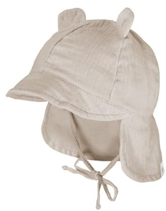 maximo GOTS Baby-Schildmütze, Öhrchen Musselinstoff, Nackenschutz, Bindeband 41 beigemeliert