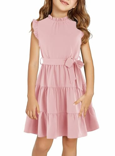 Haloumoning Ragazze Abiti Casual Maniche Volant Abito Midi Bambini Abito Da Festa Piegato Con Cintura 4-15 Anni, Colore: rosa., 10-12 Anni