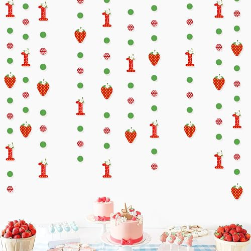 pinkblume Party-Dekoration für den 1. Geburtstag, Erdbeerfrucht, Kreis, Punkte, Girlande, 1 Beere, gepunktet, Luftschlangen für Mädchen, Happy 1st Year Dekorationen