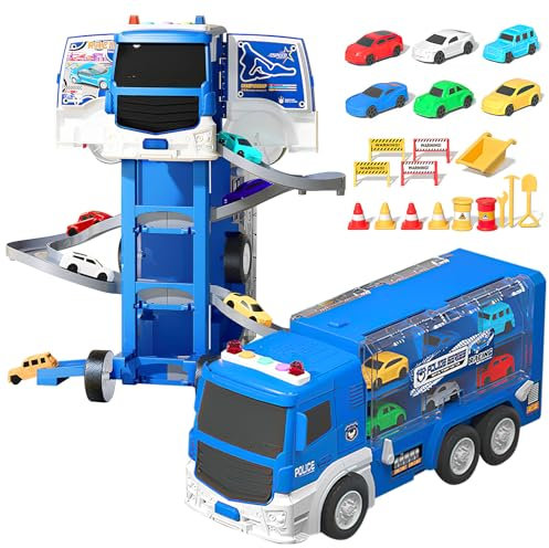 Aolawco 2-in-1 Transport Truck Spielzeug Autos mit Tracks für Jungen Mädchen Alter 3 4 5 6 7 8, Transformer Truck Spielzeug mit 6 Rennwagen, Träger Fahrzeuge Spielzeug Set für Kinder
