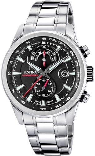 Festina Herren Uhr Analog aus Edelstahl 316L Silber - Quarzwerk - Chronograph - Kalender - Widerstandsfähiges Mineralglas - Wasserdicht bis 10 ATM F20694/6 Timeless Chronograph