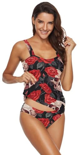 CHIFIGNO Zweiteiliger Damen-Tankini-Badeanzug, bescheidene Bademode, Tankini-Badeoberteil mit Shorts, Sugar Skulls With Red Roses-2, XX-Large
