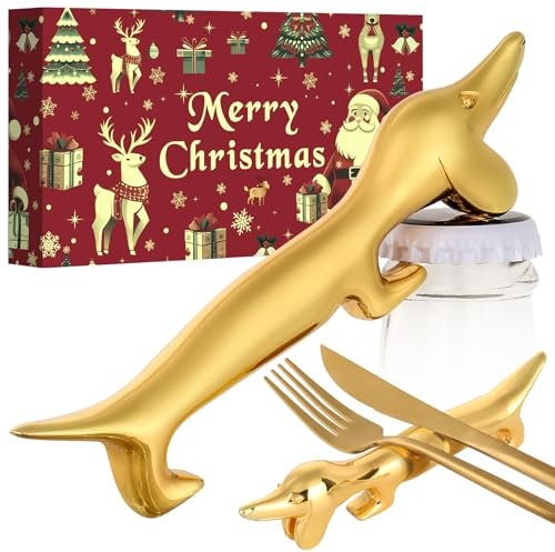 LULLEA Weihnachtsgeschenke Verpackt Dackel Flaschenöffner, Weihnachtsgeschenke Dackel Geschenke für Frauen Männer, Dackel Deko Besteck Ständer, Gold mit Weihnachtsverpackung und Weihnachtskarte