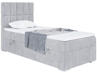 MEBLINI Boxspringbett mit Bettkasten - Gepolstert Einzelbett mit Matratze und Topper - Polsterbett mit Stauraum - Bett mit Kopfteil - Stauraumbett - Lukas - 100x200 Links - H3/Hellgrau Samt