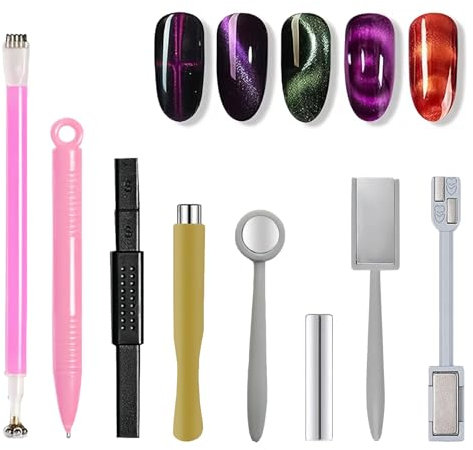 8 PCS Nail Magnet Tool Set, Strong Magnet Nail Art Pen Tool, Cat Eye Magnet Stick Dotting pens, Plate Wand Board Strong Suction Nail Magnet for DIY Magic 3D Magnetic Cats Eyes Polish UV Gel