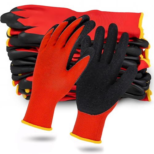 Retoo 10 Paar Arbeitshandschuhe Mechaniker Handschuhe Gartenhandschuhe Latex Beschichtung Montagehandschuhe Sicherheitshandschuhe für Gartenarbeit und Bauarbeiten Größe 10 Polyester Rot Schwarz