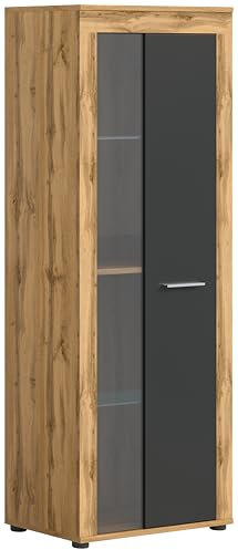 xonox.home Wohnzimmer Jam Vitrine Glasvitrine Dekoschrank Glas-Kommode Stauraumschrank in Front grau Nb. Korpus/Absetzung Wotan Eiche Nb., ca.60x159x35 cm