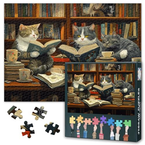 Cat Jigsaw Puzzles Animal 1000 Piece Puzzle for Adults, Book Challenging Funny Family Puzzle Perfect for Game Nights, Pet and Library Colorful Artwork Puzzles as Home Decor 27.5 x 19.7 inch
