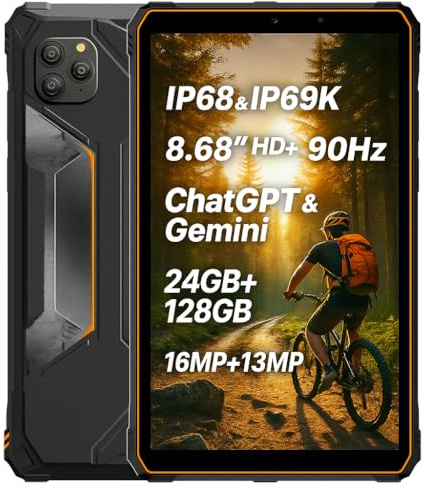 Blackview Active 5 IA Tablet Teléfono Resistente, 3 Modelos de IA, 8.68 HD+ 90Hz, Impermeable IP68/IP69K Android 15 Antigolpes, 24GB+128GB, Dual SIM 4G LTE, 16MP+13MP, GPS Huella Digital Naranja