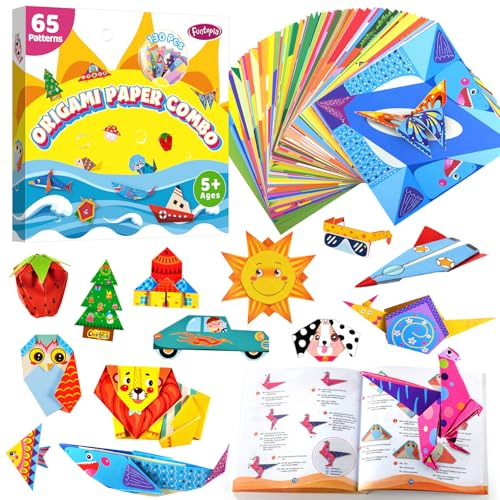 Funtopia 130 Blatt Origami Papier mit 65 Mustern und Anleitungsbuch | Basteln Fürmädchen Kreativ-Set, Spielzeug für Reisen, Schule, Urlaub, Aktivitäten, Basteln Origami Kinder ab 5 Jahre