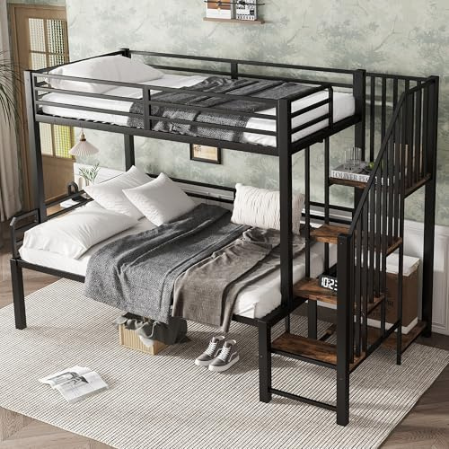 Oxtao Letto in ferro a castello, cabina angolare con vano portaoggetti, ferro e MDF, adatto per bambini e ragazzi, nero + colore legno vintage, 90 x 200 cm e 120 x 200 cm