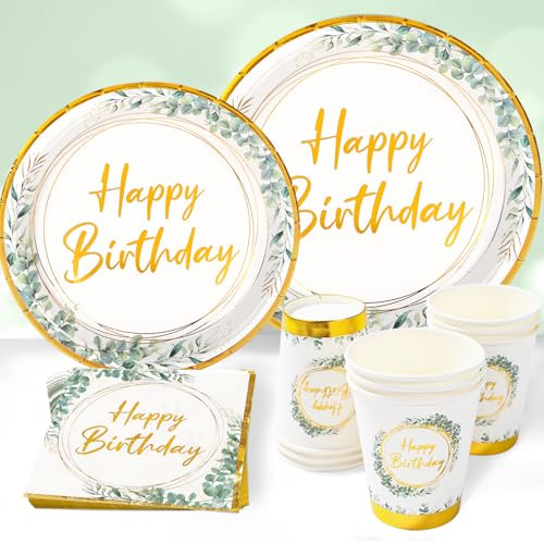96pcs Happy Birthday Party Plates Cups and Napkins - White Gold Birthday