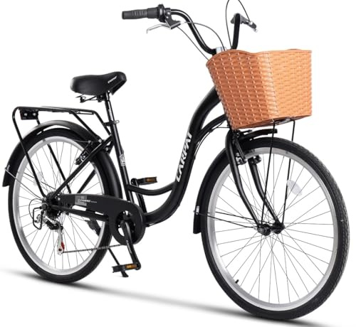 kozamas 26 Zoll City Bike für Erwachsene 150-165cm | 7 Gang Schaltung & V-Brake | Trekkingrad mit Gepäckträger & Frontkorb | 85% Vormontiert, Schwarz