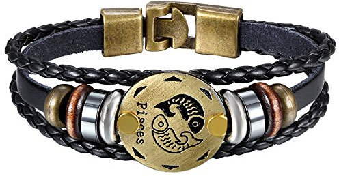 Oidea Mens Womens Punk Multi-Layer Pisces Zodiac Signs Constellation Astrology Braided Leather Cuff Bracelet,Black