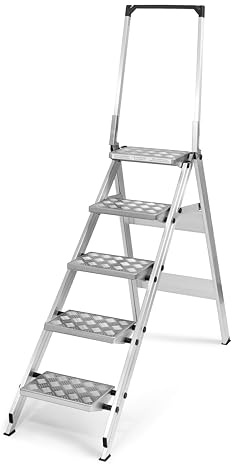 Little Jumbo Trittleiter mit Sicherheitsbügel - Klapptreppe Made in Germany - flaches Klappmaß und breite Stufen (Alu-Quintett Belag, 5-stufig)