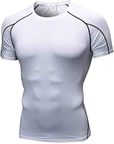 Yuerlian Mens Running Compression Tops, Base Layers Comfortable Top Short Sleeve Shirt, Quick Dry Sports Workout T Shirts White