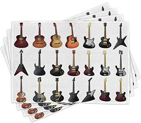 ABAKUHAUS Musik Platzmatten, Instrumente Muster Klassik und Bass Varieties of Guitars Rock und Jazz Music Theme, Tiscjdeco aus Farbfesten Stoff für das Esszimmer und Küch, Weißer Multikolor
