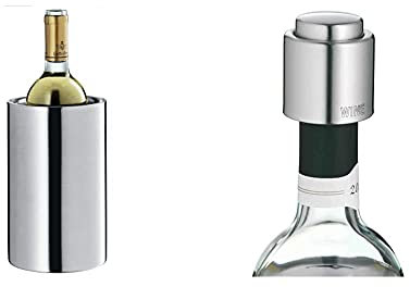 WMF Clever&More Sekt-Weinkühler Edelstahl 19,5 cm, Flaschenkühler doppelwandig, hält länger kühl & Clever&More Weinverschluss mit Aufschrift, Wein- Flaschenverschluss Ø 2,4 cm