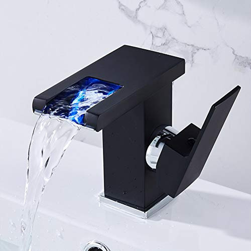 Robinet Salle De Bain,LED Robinet Lavabo Cascade,Robinet D'eau Chaude Et Froide à Levier Unique Noir Moderne Robinet De Lavabo Monotrou En Cuivre, Adapté Aux Toilettes Et à La Salle De Bain