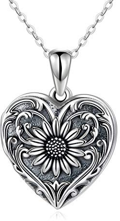 SOULMEET 925 Sterling Silver Heart Shaped Locket Necklace That Holds Picture Photos Sunflower Pendant Necklace for Women Girls
