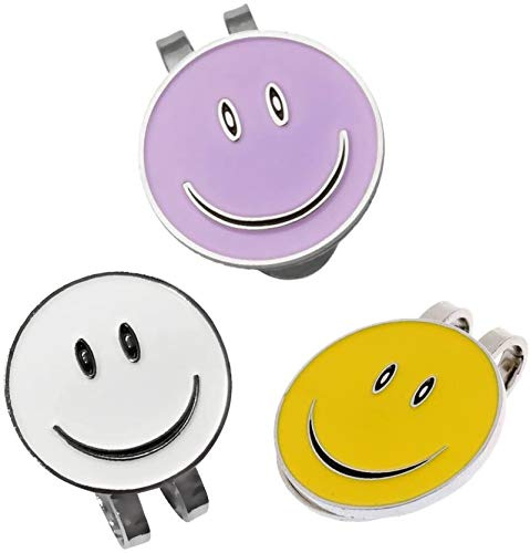 EnjoyMSS Golfball-Marker mit niedlichem Smiley-Gesicht, mit magnetischem Clip, Zubehör (weiß + lila + gelb)