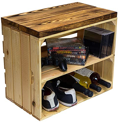 Kistenkolli Altes Land Sitzkiste Johanna Obstkiste und massiven Holzplanken Schuhablage Schuhkommode Hocker Sitzbank Holzbank Regalkiste aus Holz Maße 50 x 30 x 43cm L x T x H (Natur/geflammt)