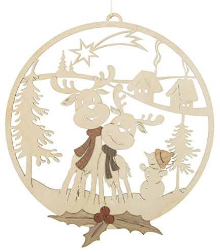 Kuhnert Fensterbilder - Holzdekoration mit aufgesetztem Edelholzfurnier - Motiv: Elche mit Schneemann - Maße: 18 x 20 cm - Made in Germany
